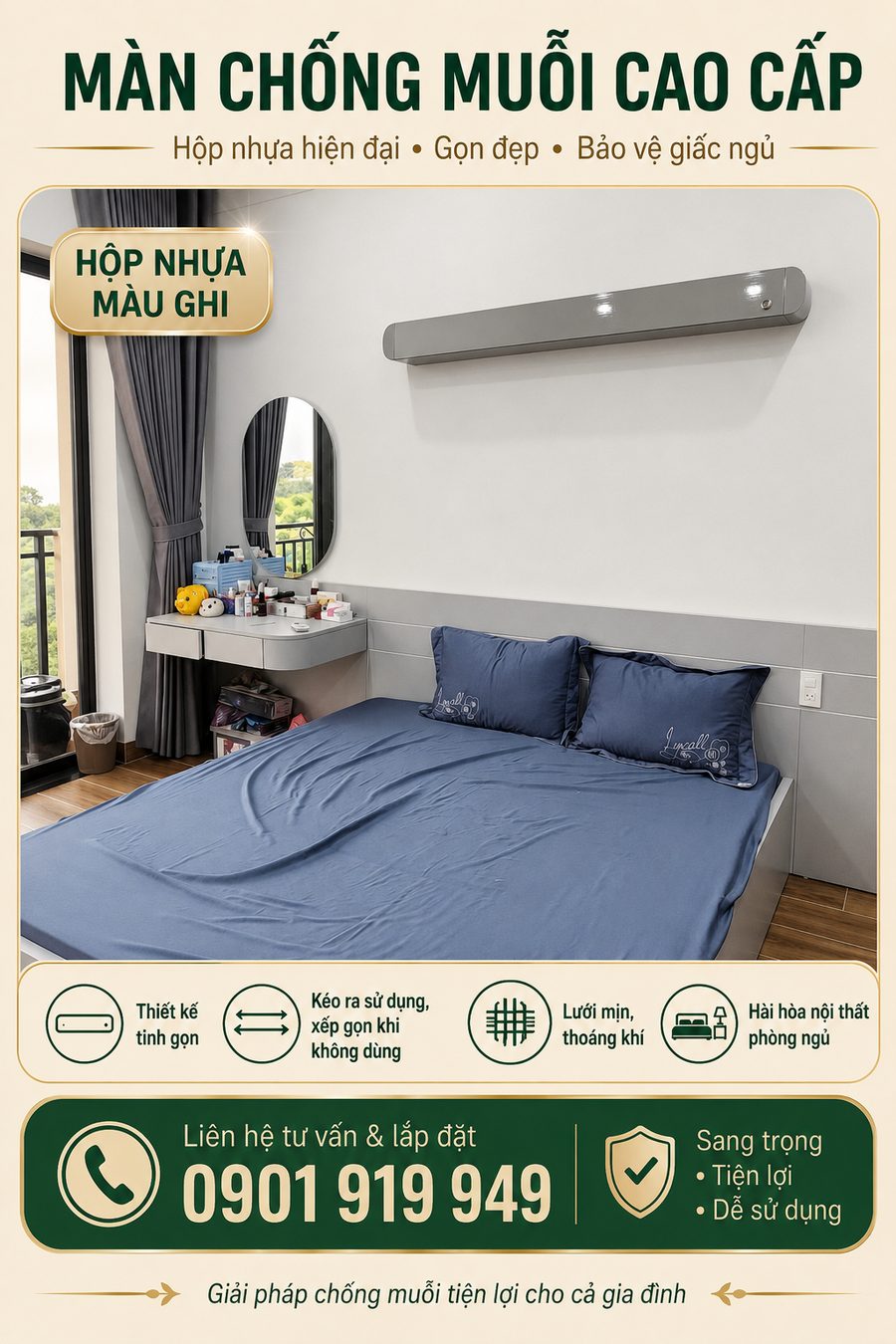 Màn hộp nhựa màu ghi trên đầu giường
