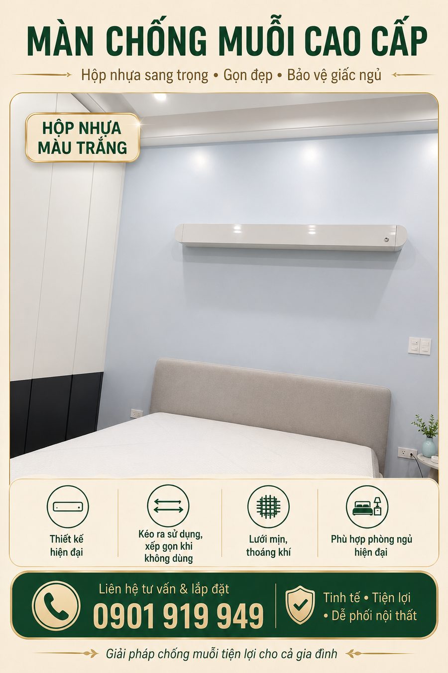 Màn chống muỗi hộp nhựa cao cấp màu trắng treo tường phía trên đầu giường